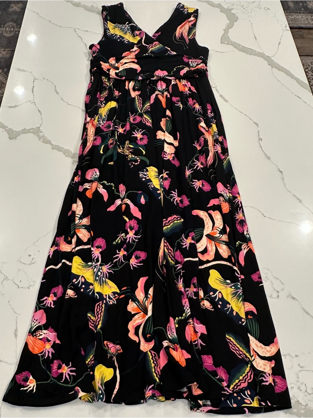 Soma Soft Jersey Sleeveless Maxi Dress XL Black Floral Tropical Resort Beach